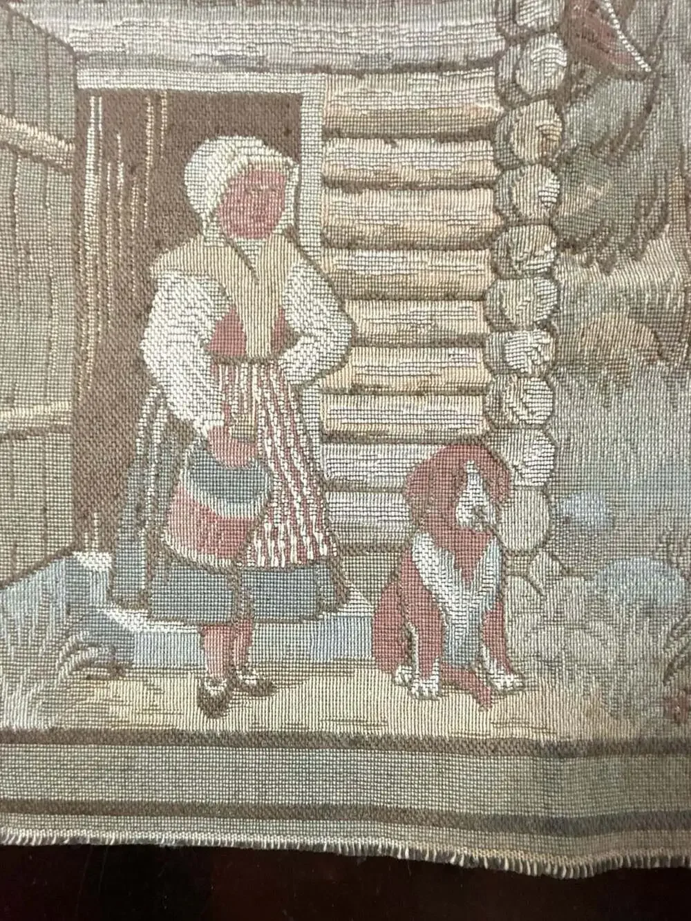Vintage Gobelin Wall Hanging Tapestry Village Scene with Log Cabin, Dogs